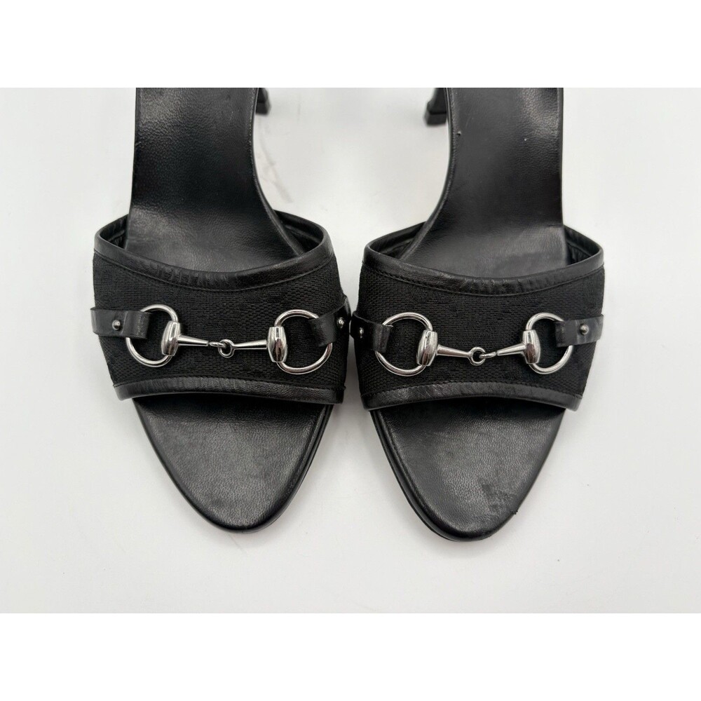 Gucci Black Leather Mules Canvas GG Logo Silver Horsebit Heels Y2K Size EU 35.5 - Picture 7 of 14